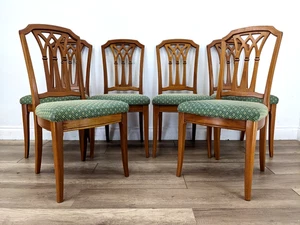 DINING CHAIRS Set Of 6 Teak Pierced Splat Back Fabric Padded Seats Side Chairs - Picture 1 of 23