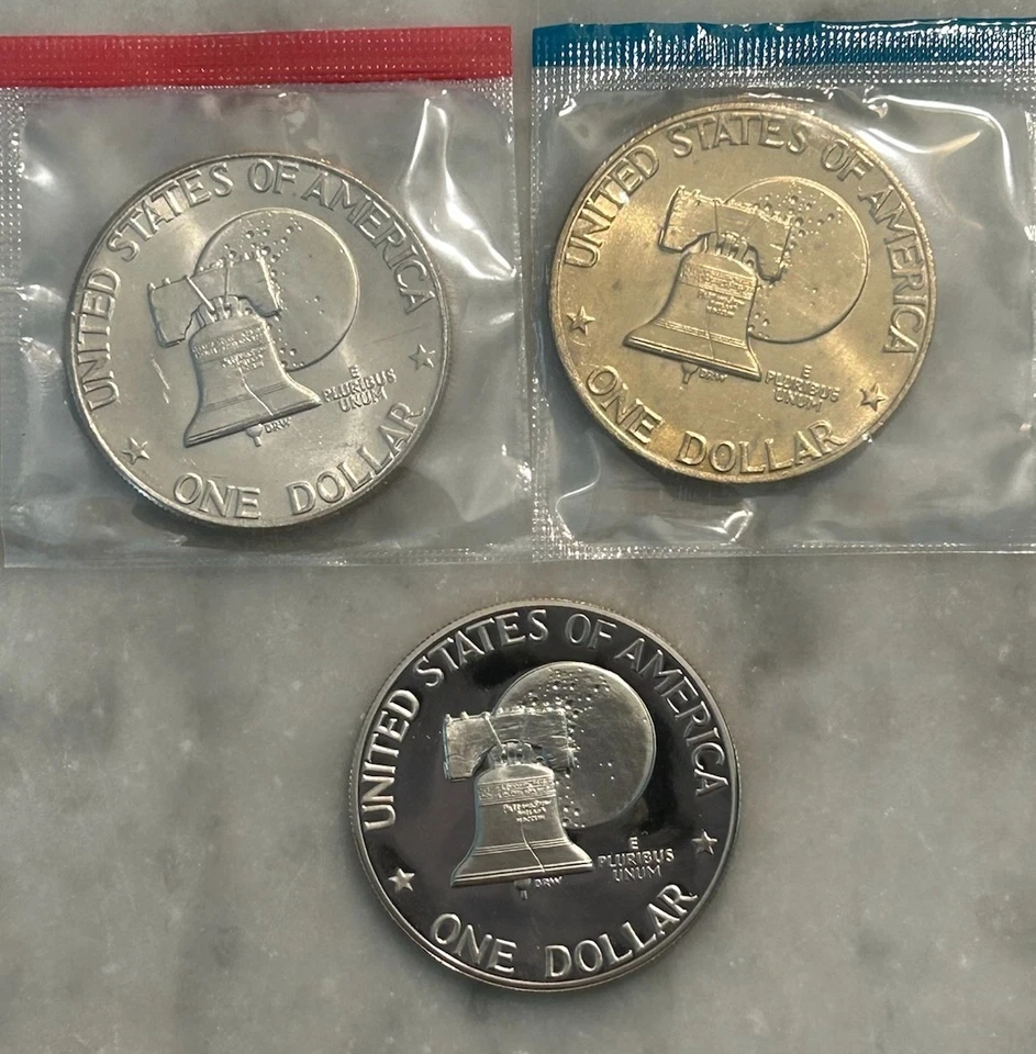 1976 P D S Eisenhower Commemorative Dollar - Proof & BU 3 Coin Lot - Mint Cello - Image 1 of 4