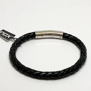 Pulsera punk con clip de cuero con cuerda negra de acero inoxidable para hombre - Imagen 1 de 9