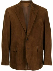 Men's Brown Suede Leather Blazer Coat Genuine Softhide Two Button Classic - Picture 1 of 4