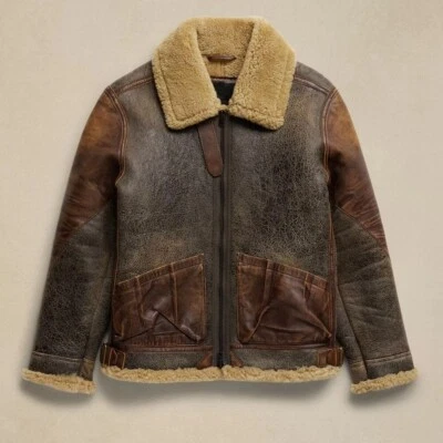 Men's Aviator Shearling Leather Jacket Distressed Brown Fur Leather Jacket - Image 1 of 4