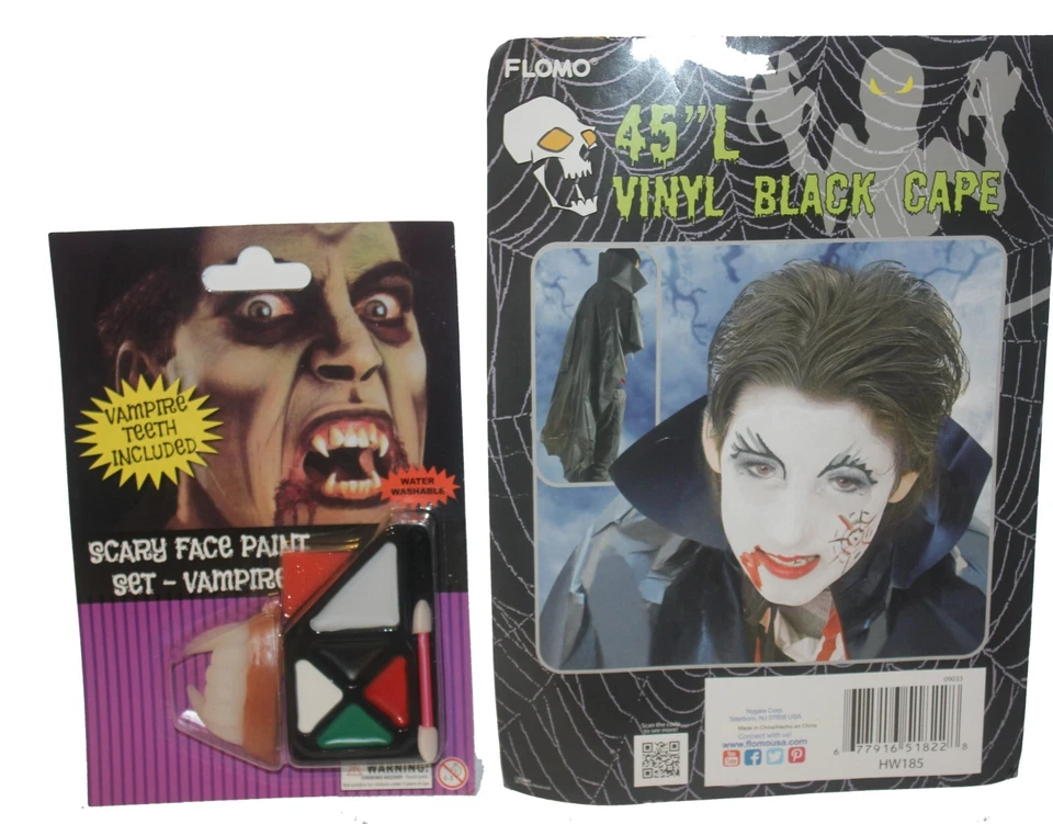 Combo, Capa Negra Vinilo Vampiro 45", 1 Maquillaje con Colmillos Foto 1 de 2