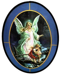 Vtg Sun Catcher Guardian Angel Child Picture Faux Stained Glass Window Hanging - Picture 1 of 10