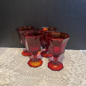 Set 4 Octagonal Red Independence Amberina Juice/Wine Goblets Glasses 4 1/2" Tall - Picture 1 of 7