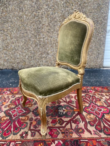 Antique French Louis XVI gilt chair with original green velvet Cover