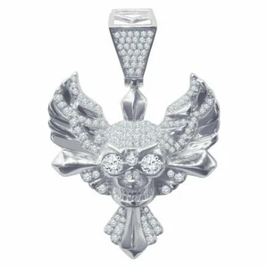 Men's Ladies Real Sterling Silver 10k White Gold Finish Skull Face W/ Wing Charm - Picture 1 of 5