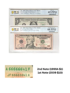 $1 and $10 Set of 2 Note MATCHING SERIAL NUMBERS 66666641 PCGS Graded 65/68 PPQ - Picture 1 of 3