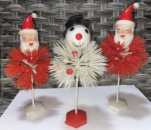 Vintage Hard Plastic Blow Mold 2 Santa & Snowman Pom Pom Spiky Pick Ornament - Picture 1 of 4