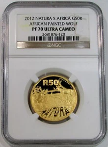 2012 GOLD SOUTH AFRICA 352 MINTED 50 RAND NGC PROOF 70 UC NATURA AFRICAN WOLF - Picture 1 of 3