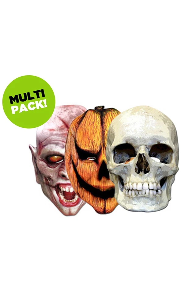 Halloween 2D Card Party Face Masks Pack of 3 - Skull Pumpkin Vampire Fancy Dress - Image 1 of 1