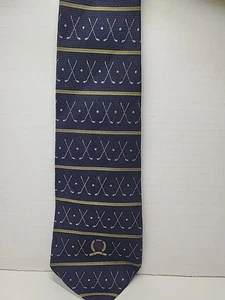 Tommy Hilfiger blau und gold Krawatte 100 % Seide gestreift Golfschläger/Ball Design & Logo - Bild 1 von 5