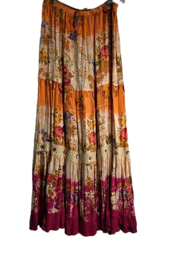 Dressbarn макси юбка размер M ярусный длинный оранжевый мульти цветочный богемное - Изображение 1 из 4