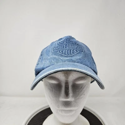 Harley-Davidson Hat Cap Strap Back Blue Denim Embroidered Bar Shield Mens Biker - Image 1 of 4