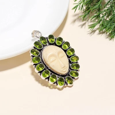 Colgante hecho a mano de piedras preciosas talladas cara aventurina peridoto, plata de ley 925 Foto 1 de 4