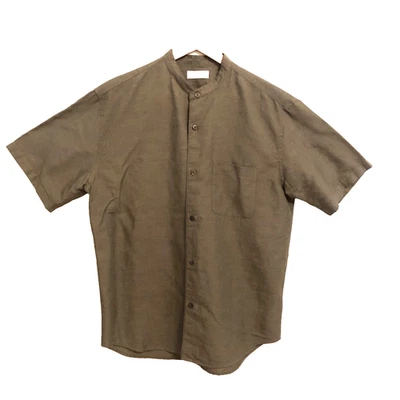 UNIQLO Mens Medium Shirt | Army Green Band Collar Short Sleeve Linen Blend - Image 1 of 4