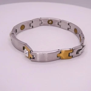 Stainless Steele Magnetic Rhinestone Silver And Gold Toned Men Women 7" Bracelet - Picture 1 of 8
