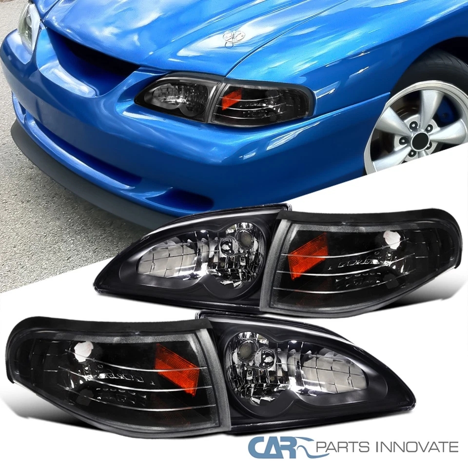 Fit Ford 94-98 Mustang GT SVT Headlights Black+Corner Turn Signal Lamps w/ Amber - Image 1 of 4