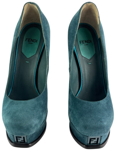 Decolte con tacco FENDI in camoscio turchese scuro Made in Italy marcate come 35 5US