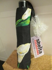 SHELTA UMBRELLA Presto Lily pattern 3467 auto open close, fold up, black, BNWT - Picture 1 of 8