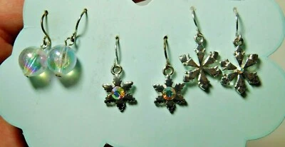 Nwt Schneeflocke 3 Sets Silberfarben Polarlicht Strass Lange Ohrringe B16 - Bild 1 von 3