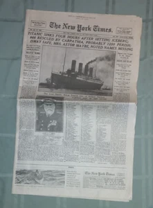 Titular de periódico RMS Titanic Sinks New York Times 16 de abril de 1912 repro EX - Imagen 1 de 8