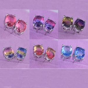 6pcs Set Oval Cut Bi Color Tourmaline Gems Charm Women Stud Earrings Silver - Picture 1 of 8