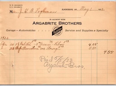 Blacksburg, VA Argabrite Brothers Studebaker Garage Automobiles 1923 Billhead Foto 1 de 2