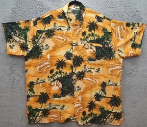 Rina Hawaiian Caribbean Mens Shirt XXL 2XL Yellow Palm Trees Drums - Picture 1 of 6