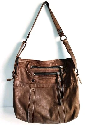 Y2K Andrew Marc Neutral Taupe Distressed Large Leather Slouchy Hobo Shoulder Bag - Image 1 of 4