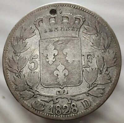 Moneda de 5 francos 1828 D Lyon Carlos X Francia tallada en plata corona francesa tamaño 7I Foto 1 de 2