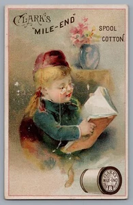 1887 Victorian Trade Card J & P Coats Thread Child Girl Reading Book Glasses - Picture 1 of 2
