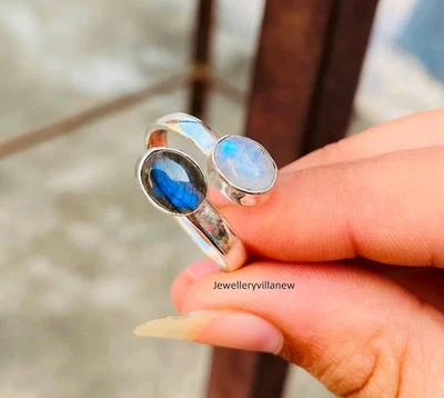 Anillo de regalo ajustable para mujer con piedra lunar y labradorita de plata de ley 925 SP6008 Foto 1 de 4