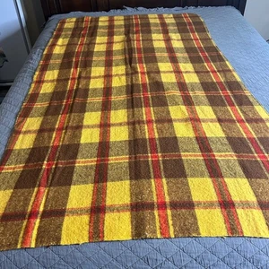 Vintage Plaid Throw Blanket Yellow Brown Red Wool Blend Cabin Decor 41x71 - Picture 1 of 3