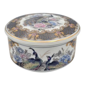 Japanese Peacock Trinket Box – Bone China with Gold Scrolls – Lidded 9cm VGC - Picture 1 of 7