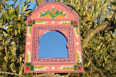 "Pink Hand Painted Moroccan Mirror – Colorful Boho Wall Decor, Wood Art" - Photo 1/4