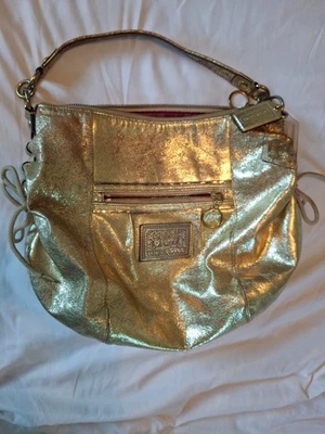 Coach Poppy Hobo Bag Purse Gold Metallic W/ Clear & Leather Tag One Strap - Image 1 of 4