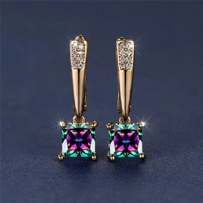 Pendientes colgantes de piedra cuadrada de circón negro para mujer en tono dorado geométrico audaz joyería Foto 1 de 4