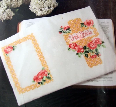 Plaid Bucilla Stamped Cross Stitch Bible Cover Wild Rose Design Sealed New 2005 - Image 1 of 4
