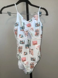 Abercrombie Kids Triangle Cutout One-Piece Swimsuit Size 13/14 Flamingos Blue - Picture 1 of 4