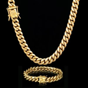 Men's Miami Cuban Link Bracelet & Chain Combo Set Gold Plated Stainless Steel - Picture 1 of 12