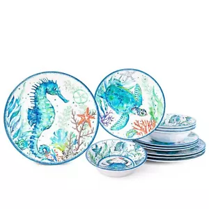 12piece Melamine Beach Dinnerware Set Coastal Plates And Bowls Sets Oceanic Sea - Picture 1 of 8