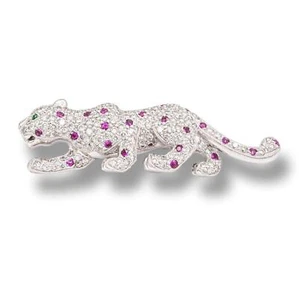 Vintage 18K White Gold Panther Brooch 2.50 Cts Pave Diamonds + Pink Sapphires - Picture 1 of 5