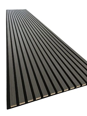 Paneles de pared acústicos 2’x10’ listones de madera completamente envueltos chapa de roble negro  Foto 1 de 3