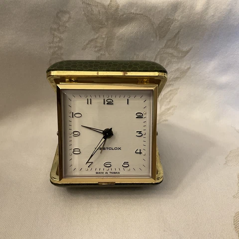 Vintage Westclox Folding Wind Up Travel Alarm Clock Green Snakeskin Case Works Cover