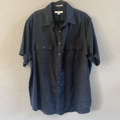 Merona Shirt Mens XL Black Linen Short Sleeve Camp Utility Pockets Relaxed - Image 1 of 4