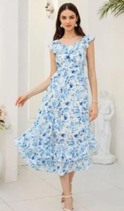Chiffon V-Neck Sleeveless Ruffle Decorated Floral Maxi Dress - Blue Size 2XL - Picture 1 of 6