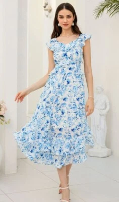 Chiffon V-Neck Sleeveless Ruffle Decorated Floral Maxi Dress - Blue Size 2XL - Image 1 of 4
