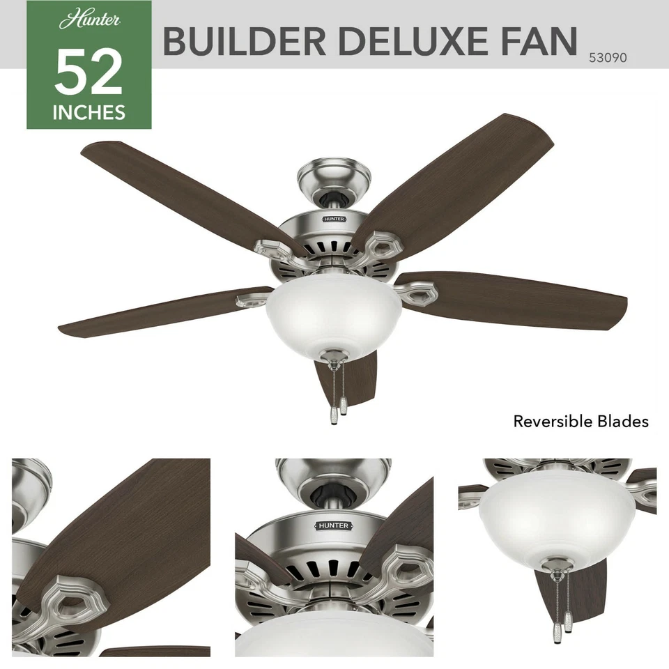 Hunter 52" Builder Deluxe Traditional Casual Ceiling Fan w/ Light and Pull Chain - Image 1 of 1