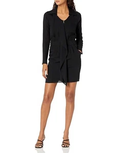 Designer Laila Azhar black 100% silk dress asymmetric front Zip scarf trench 8 M - Picture 1 of 10