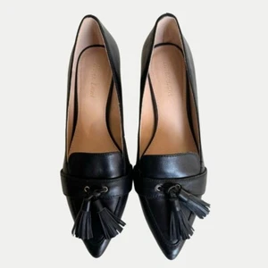Essex Lane Shoes Sz 8.5 Pumps Pointy Toe Tassels Chunk Heels Black Leather - Picture 1 of 13